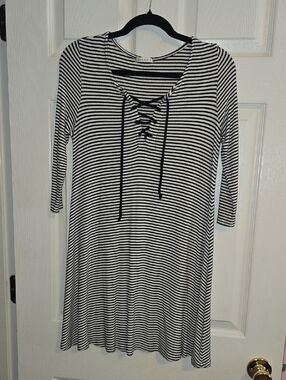 Cherish Black & White Striped‎ Lace-Up Long Sleeve Dress
